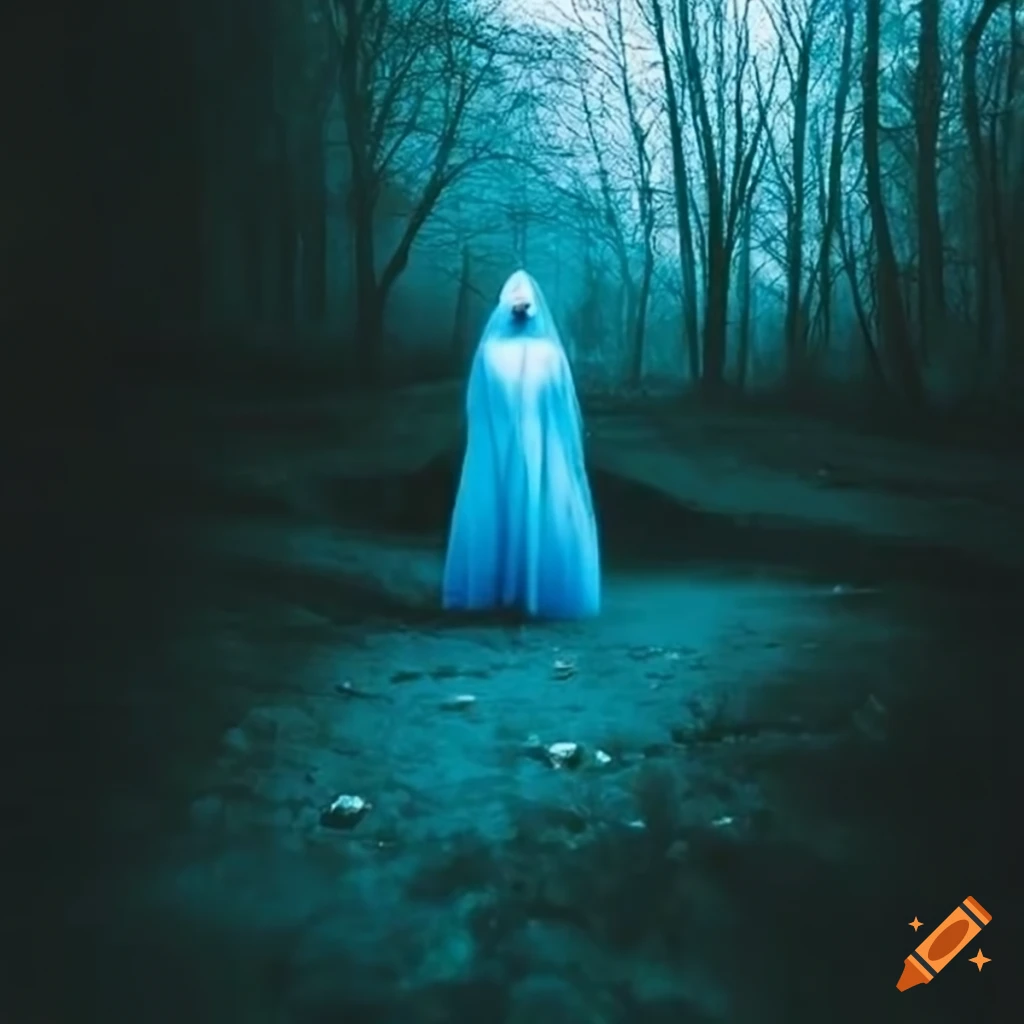 Blue ghostly woman haunting castle grounds