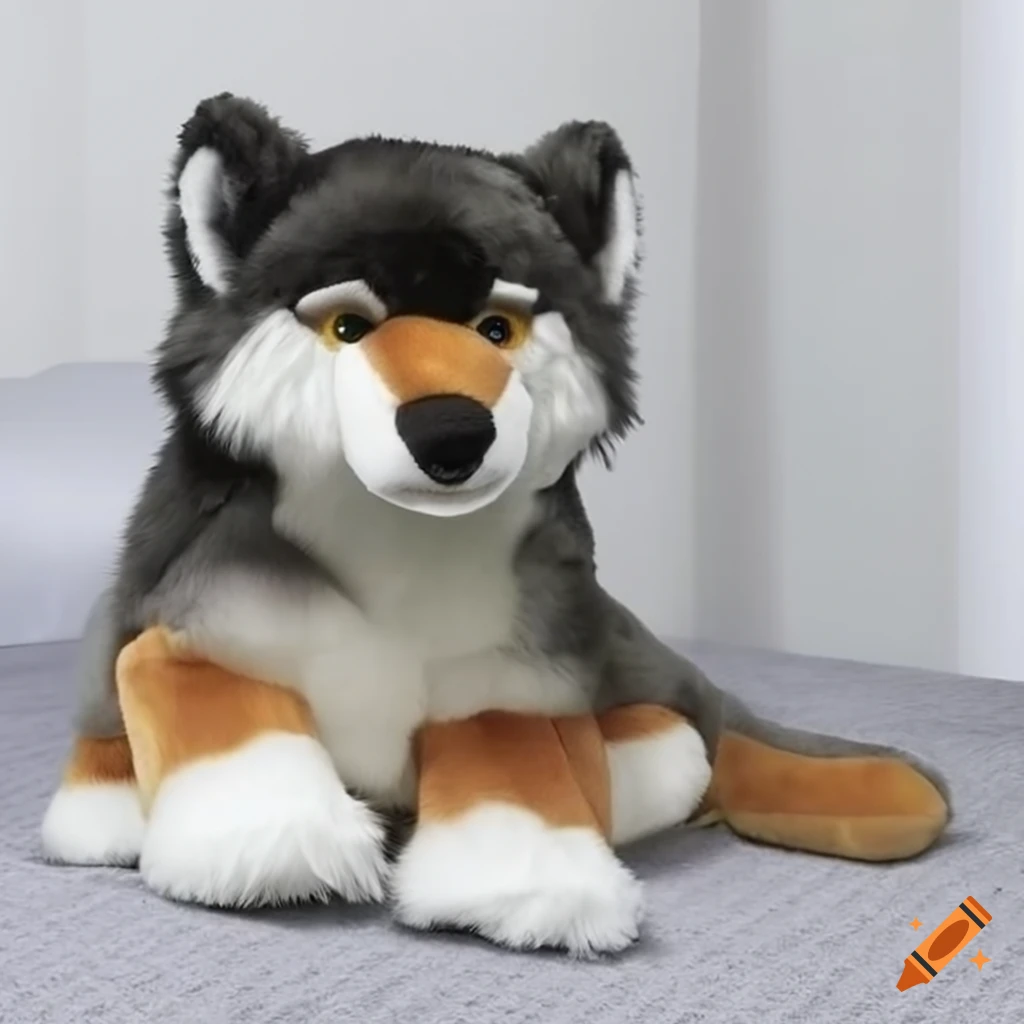 Realistic wolf plush on a bed