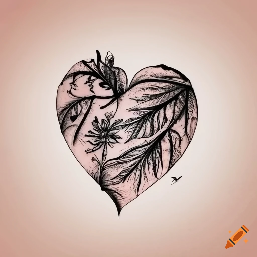 Boho heart and plant tattoo design in black on white
