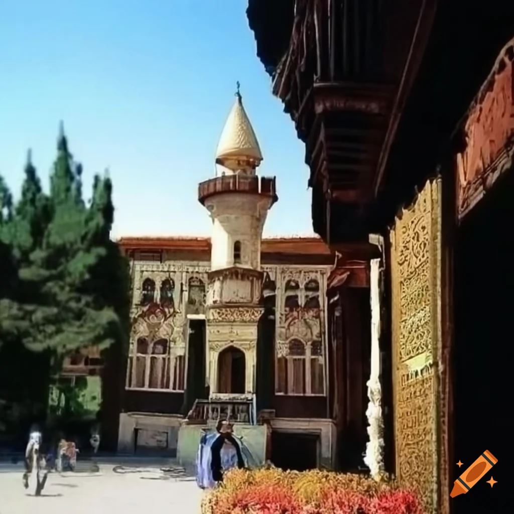 An old cityscape with several houses in an Arabian setting in Iran, in the background of an animation featuring Reconstruction Shahrestan, a mythical Iranian town with lush vegetation and gardens