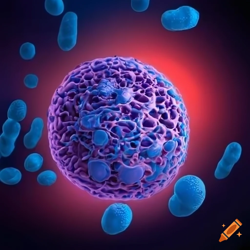 Intricate illustration of immune system interactions near a tumor cell