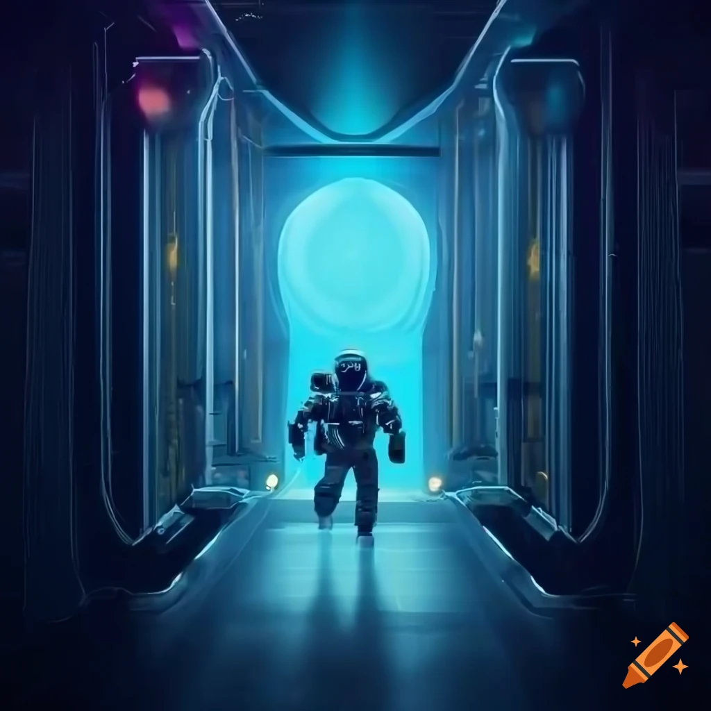 Astronauts walking in the hallway of a futuristic spaceship towards a light at the end of the hallway