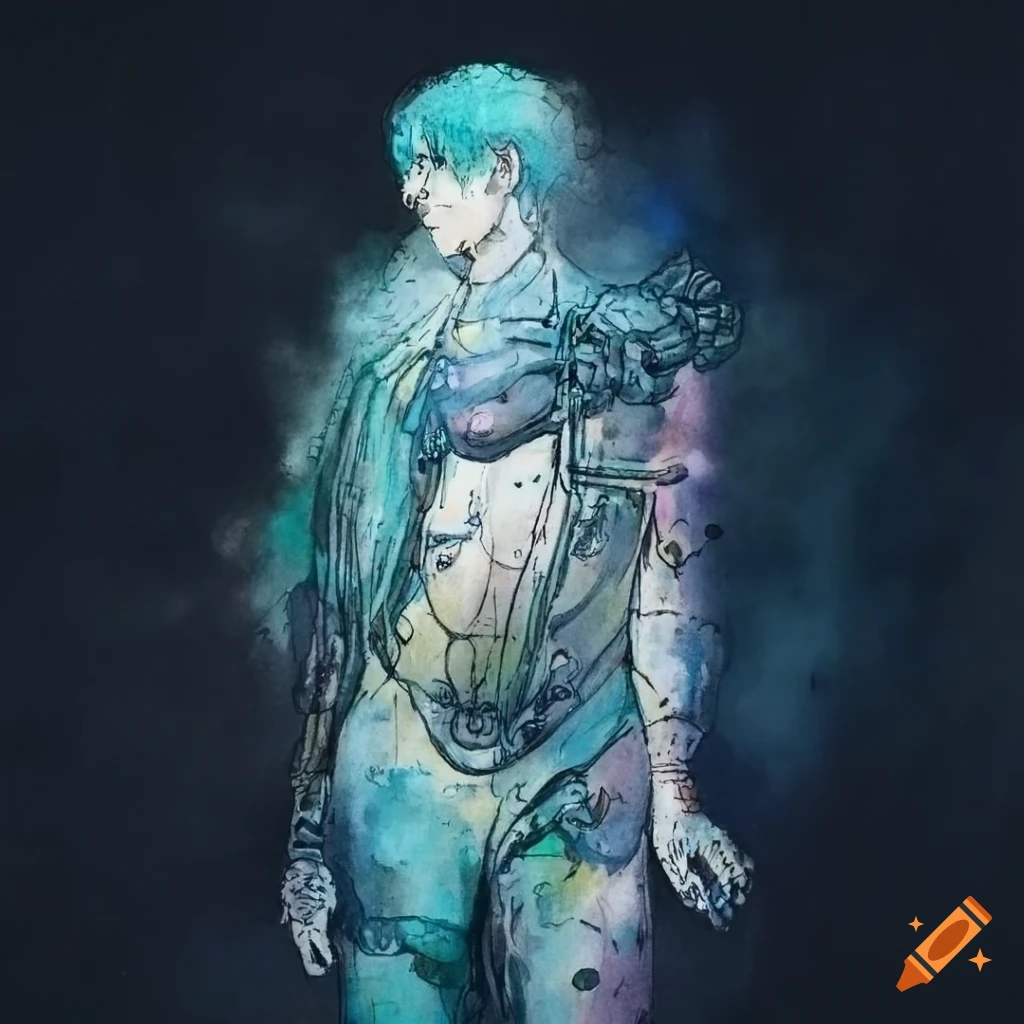 Young adult male cyborg in android bodysuit with light cyan hair in ethereal watercolor style