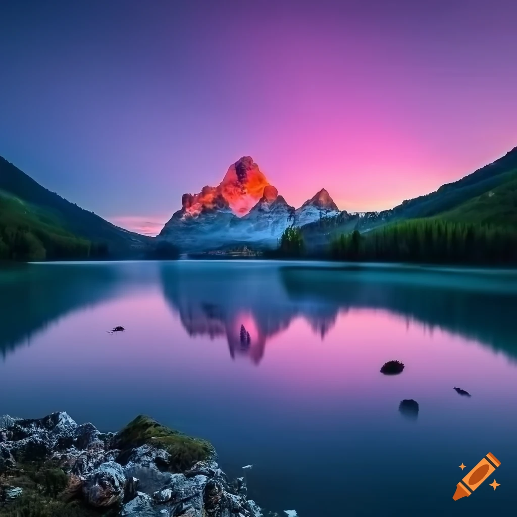 Paesaggio surrealista con montagne rosa e lago cristallino