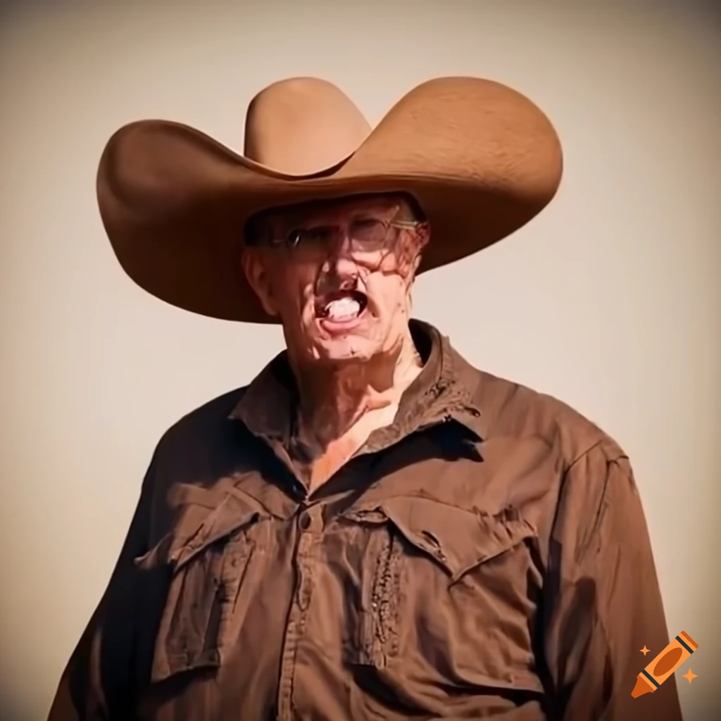 Angry middle-aged man in a cowboy hat on horseback in a Western setting
