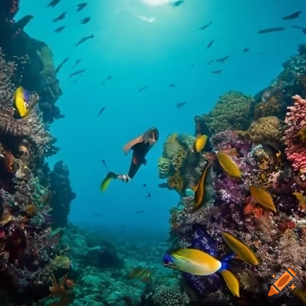 Young man diving among colorful fish and reefs in clear morning light