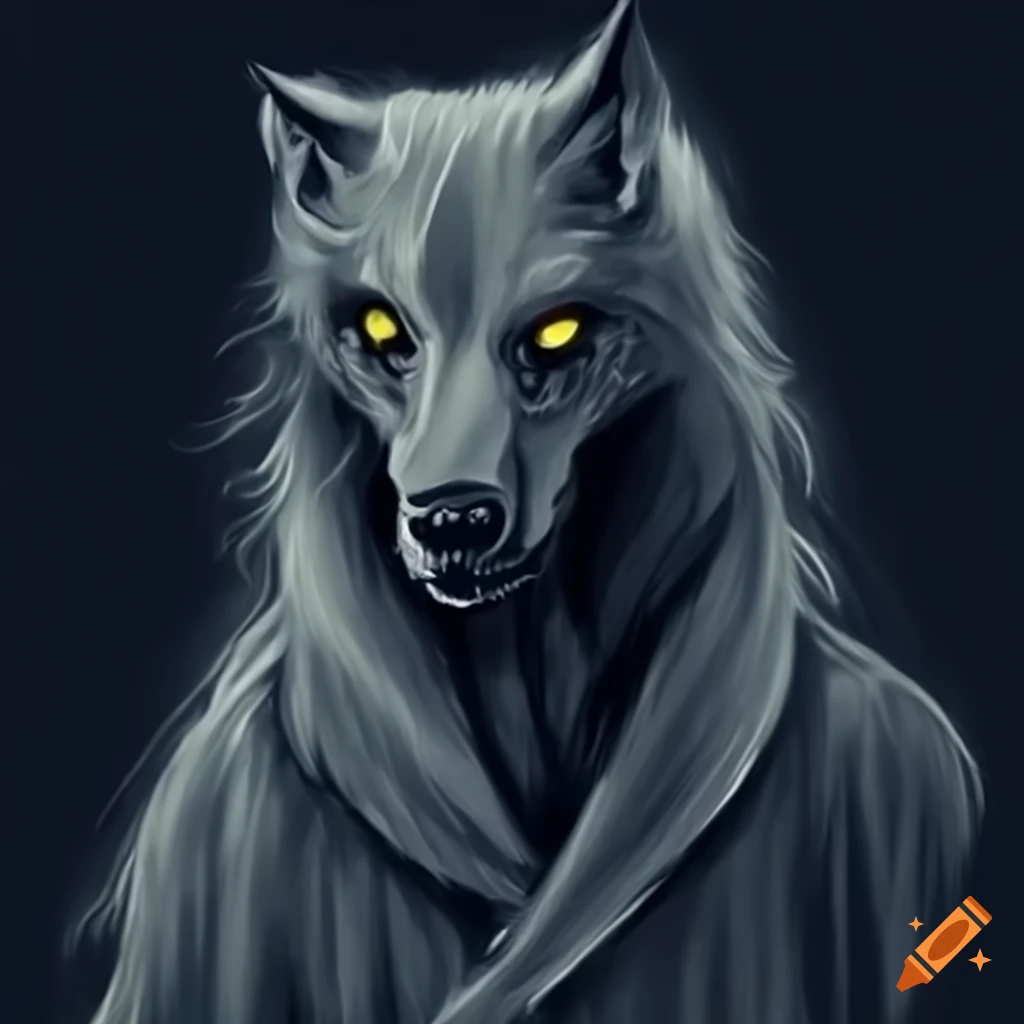 Werewolf in silken robes with a staff in a moonlit forest