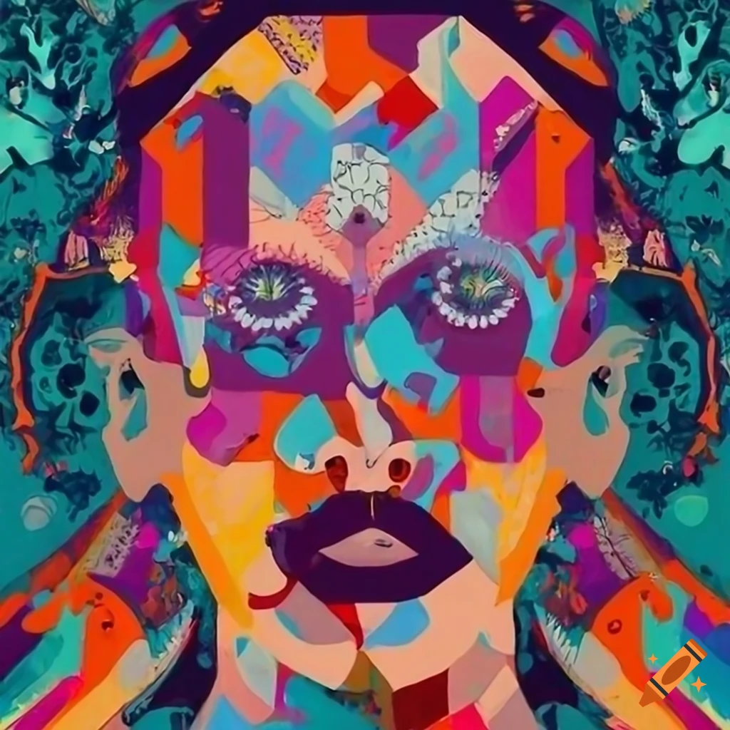 Surreal portrait artwork with motifs and creatures in a flat drawing style