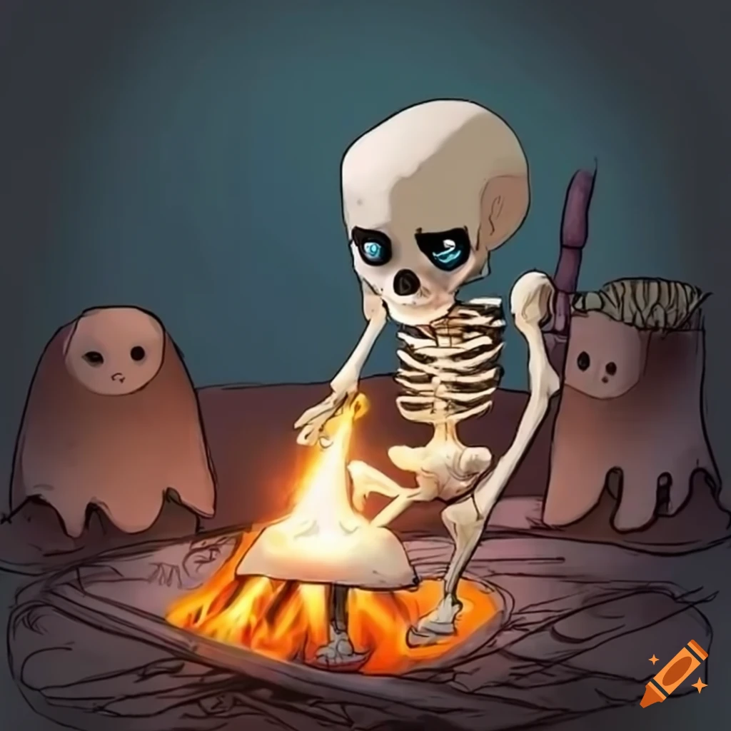 Smiling slime, skeleton, ghost, and robot sitting around a campfire