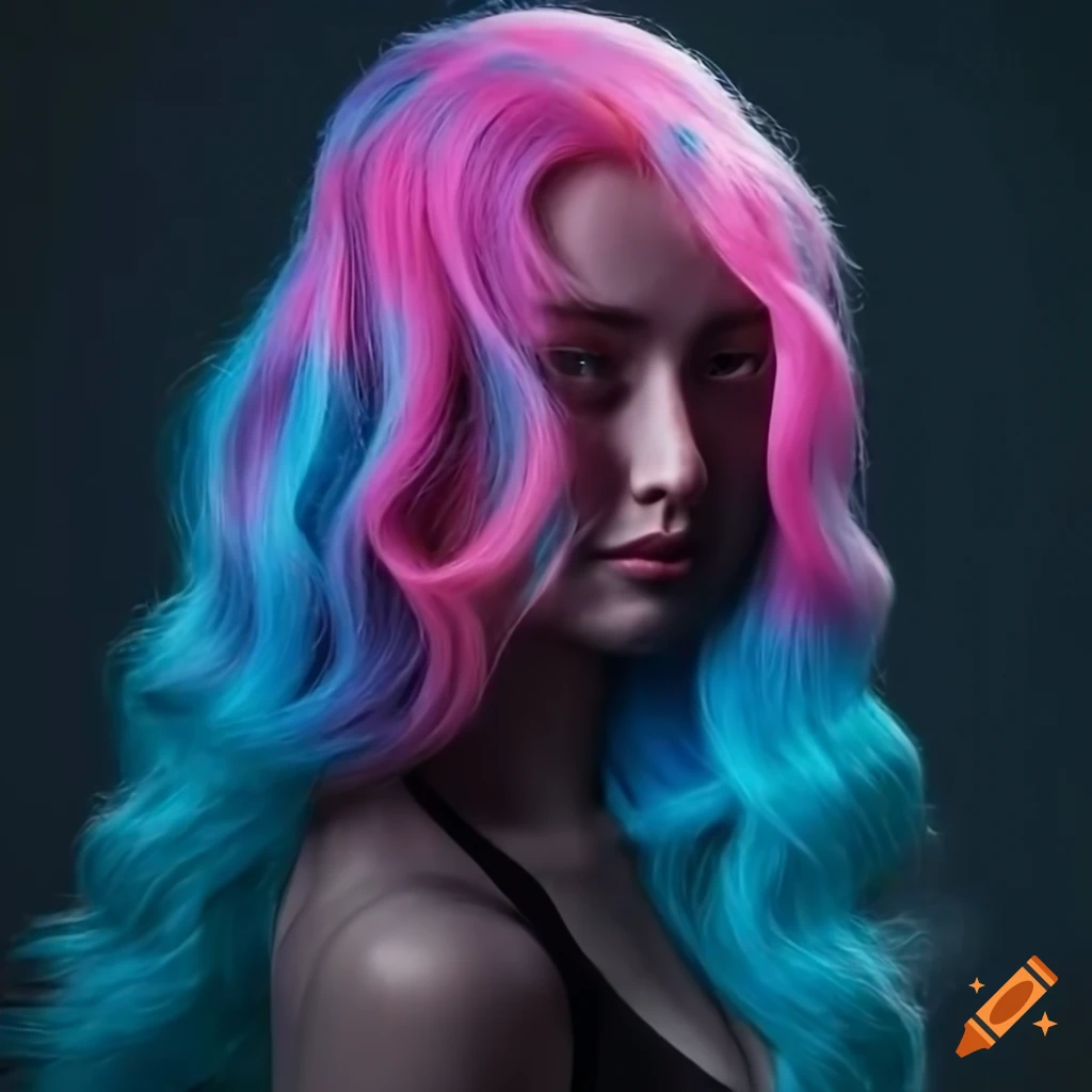 Woman with black leotard and prosthetic arm and cotton candy hair in hyperrealistic style
