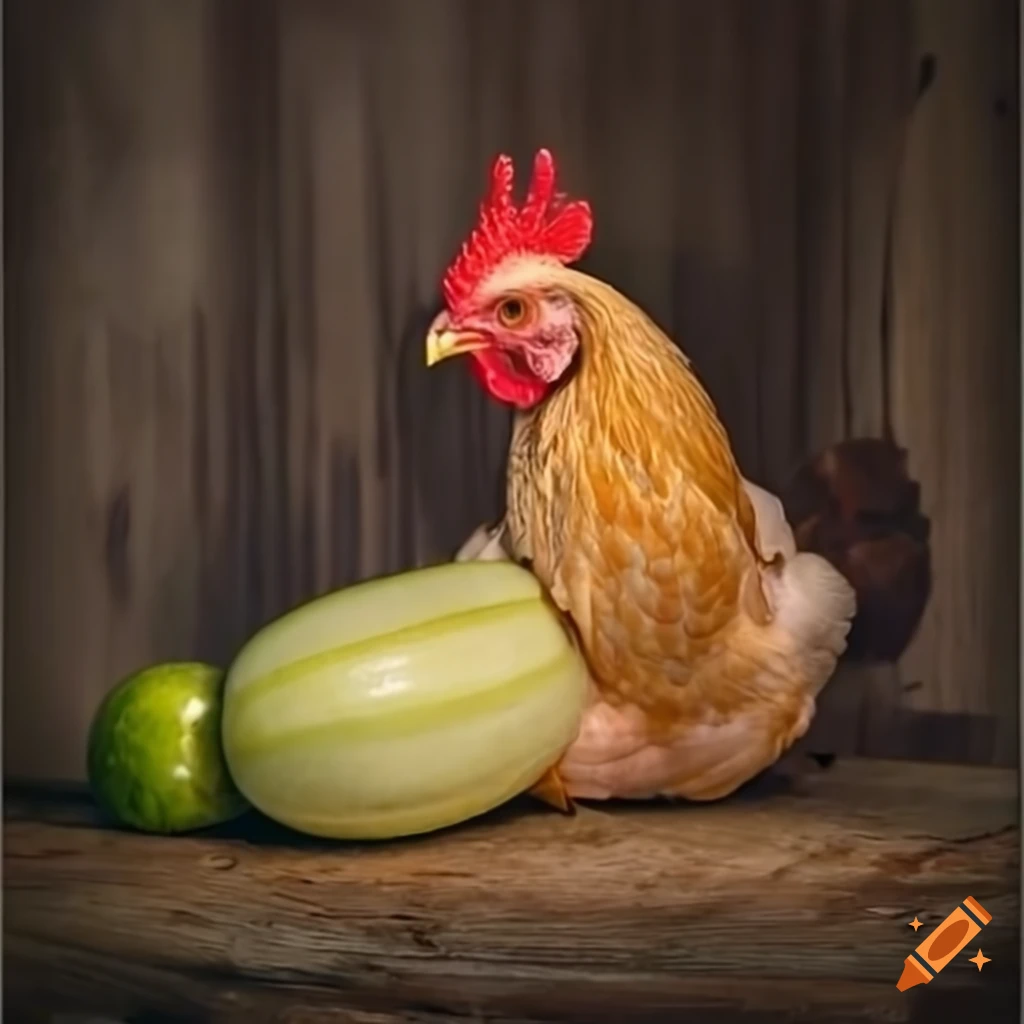 Chicken sitting on a marrow