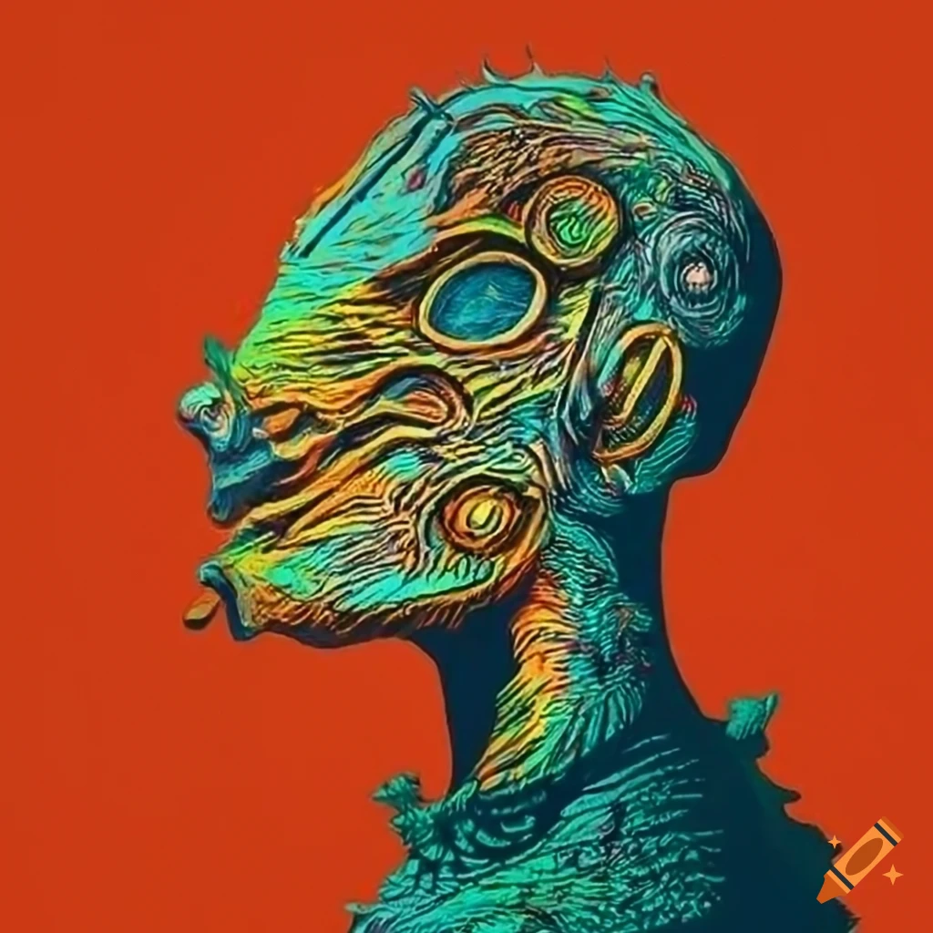 Complex machine mask drawing with surreal creatures in the style of Max Ernst