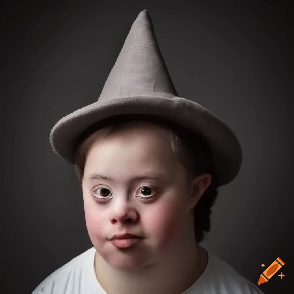 Man with down syndrome wearing a wizard hat in profile view