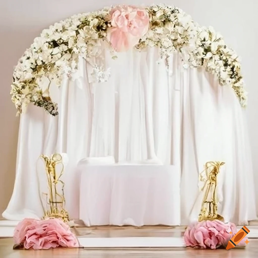 Elegant white backdrop with gold accents and floral arrangements in white and soft tones