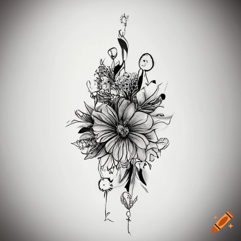 Boho flower tattoo design in black on white background
