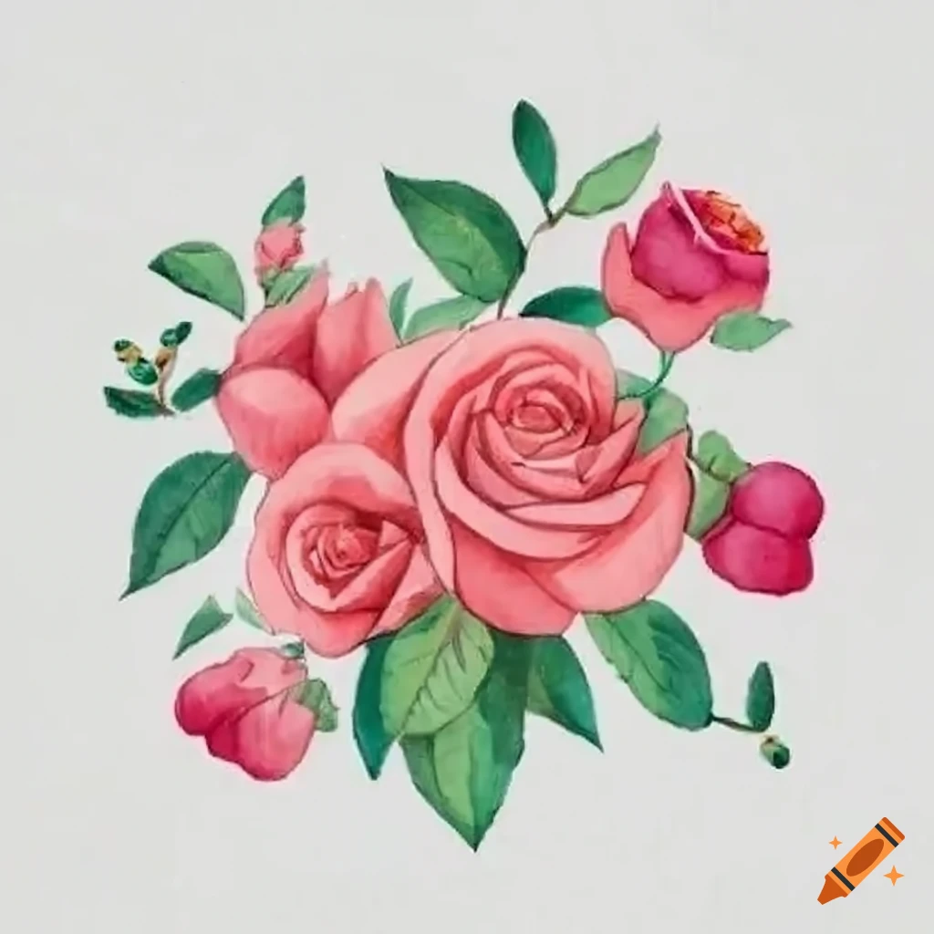 Intricately detailed watercolor roses in Elsa Beskow style on a white background