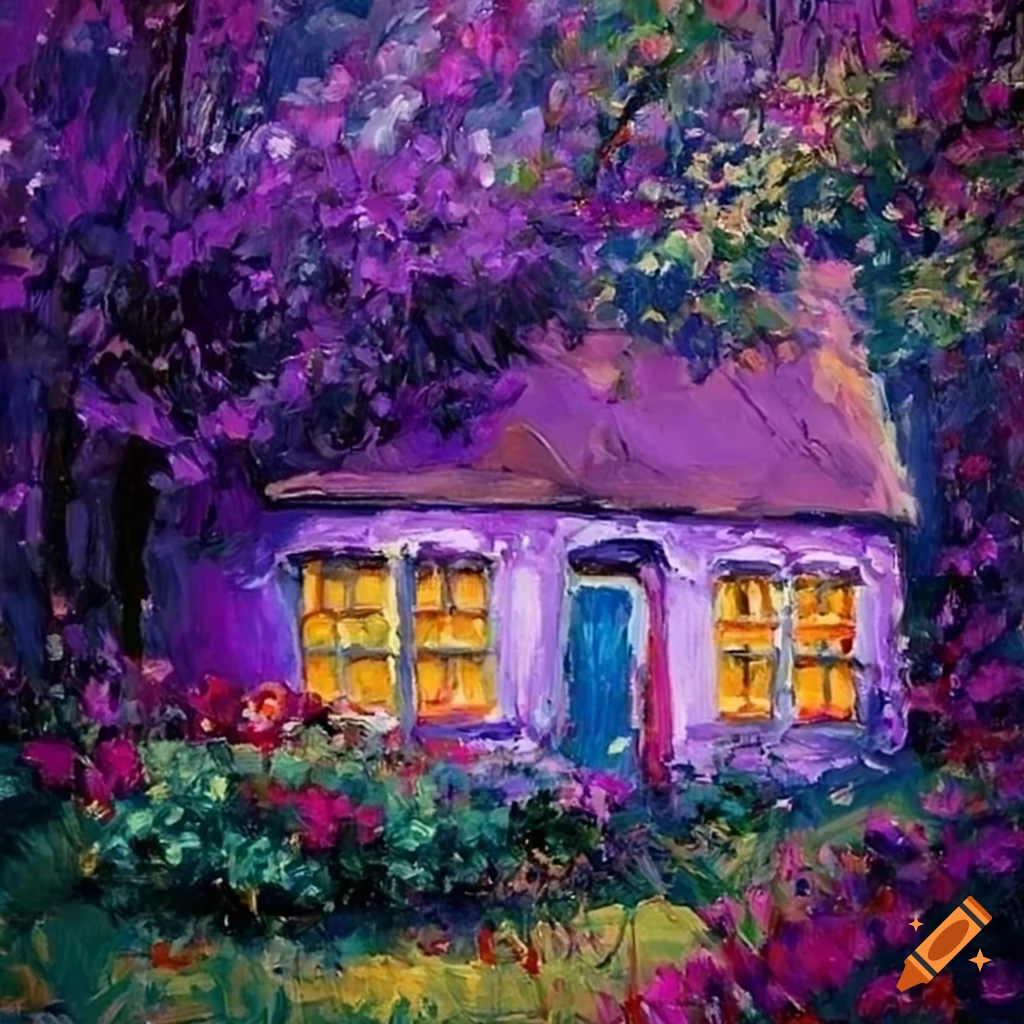 Impressionist purple cottage surrounded by flowers