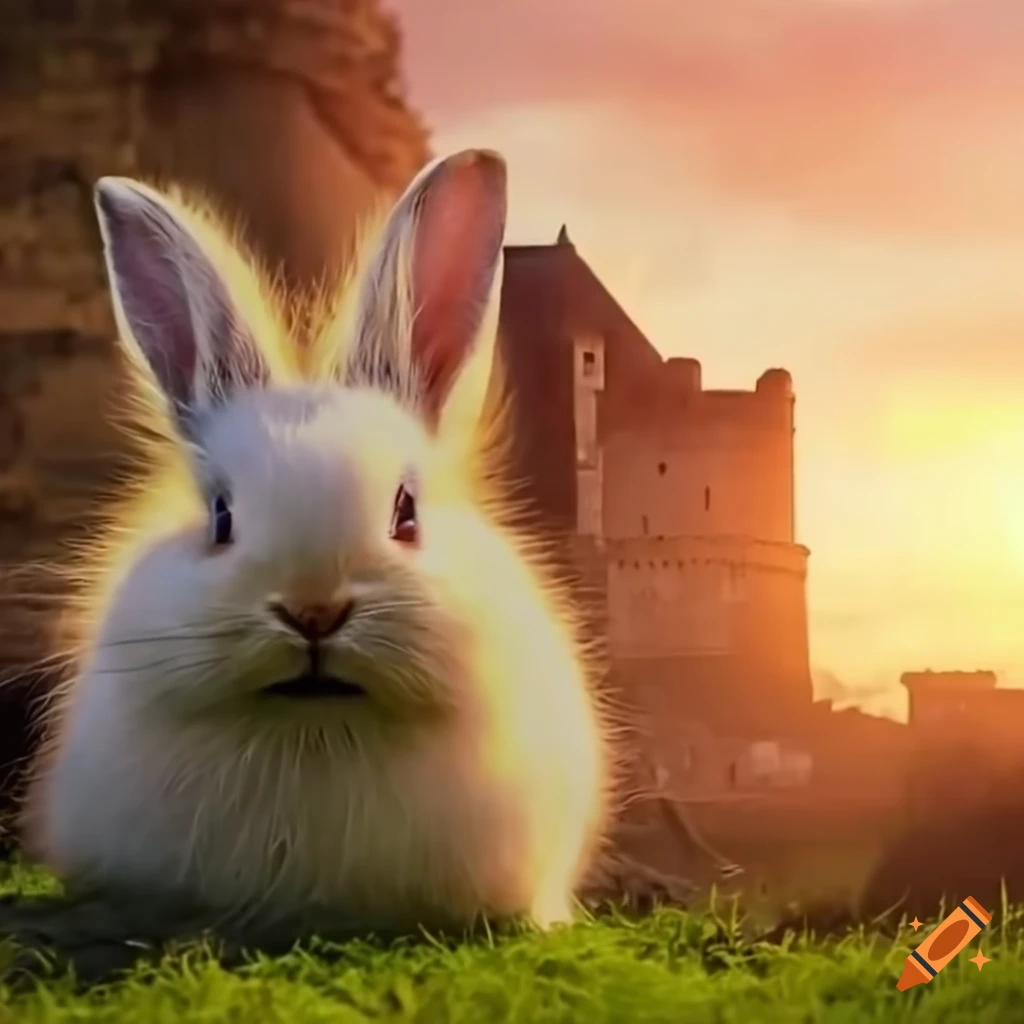 Fluffy rabbits playing near a quaint castle at sunset