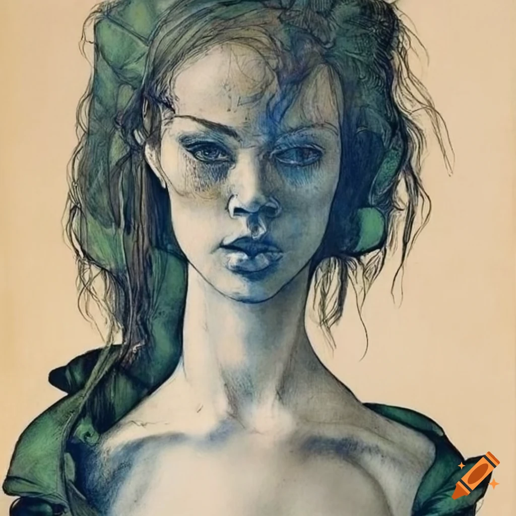 Portrait of a woman surrounded by flowers, ferns, vines, and birds with sharp thin lines