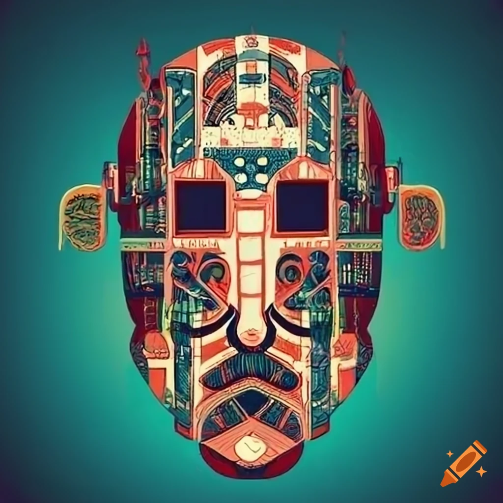 Surreal complex machine mask inspired by Max Ernst