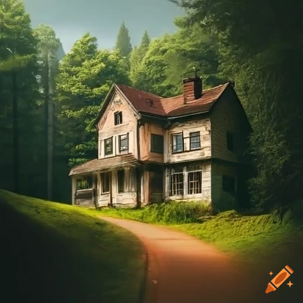 Old-style house with a driveway on a hill surrounded by a forest