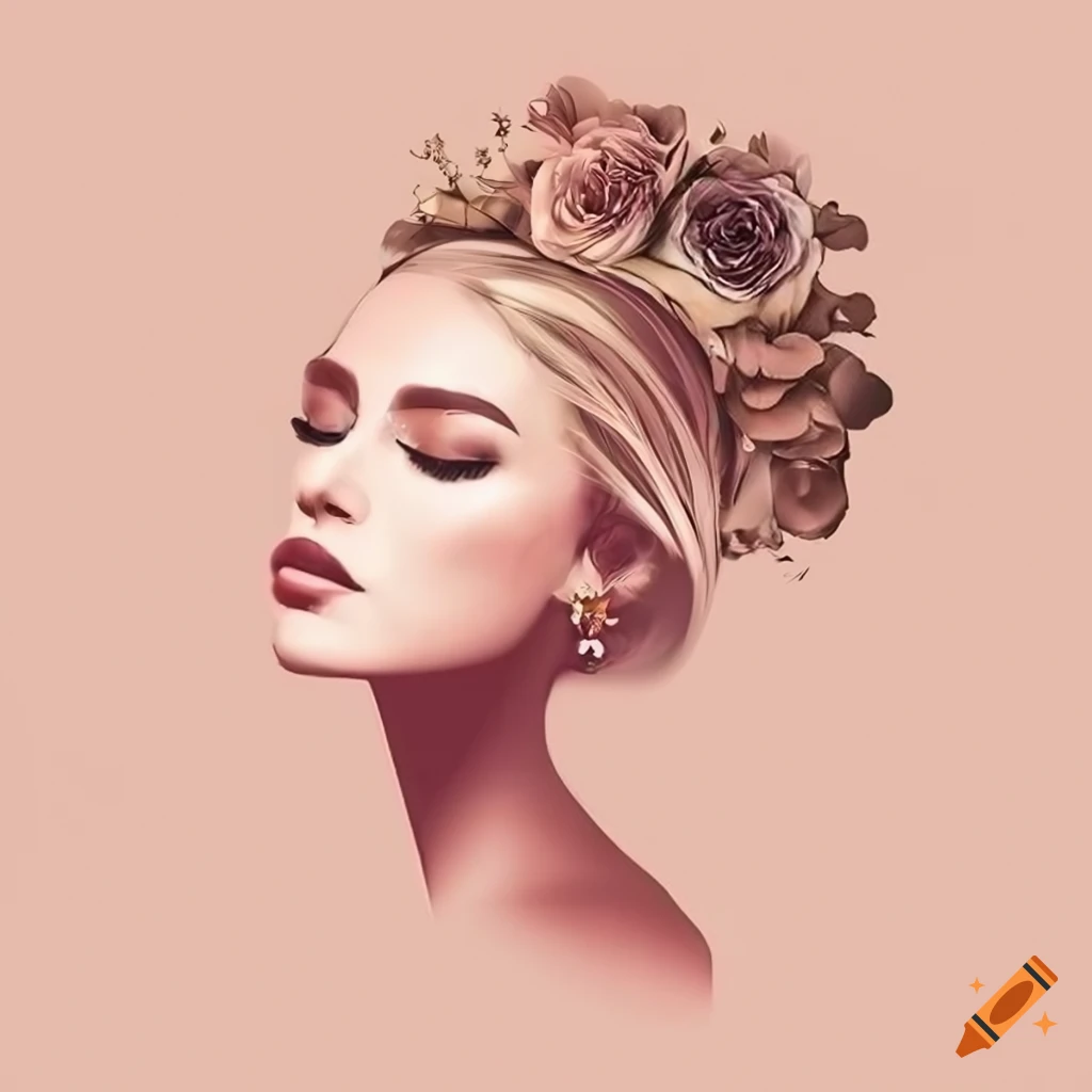 Serene face silhouette with floral hair design in soft golds, creams, and pinks