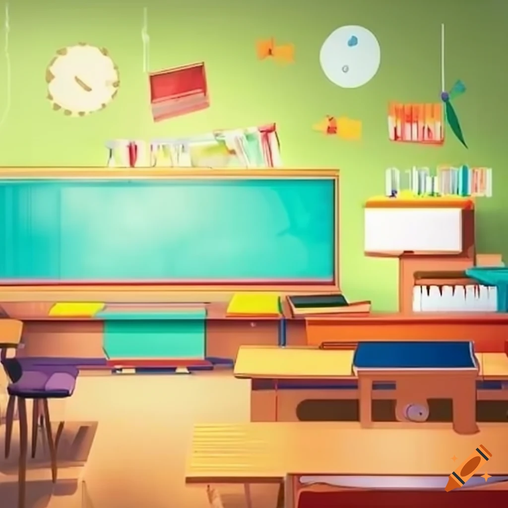 Classroom with elements from various school subjects