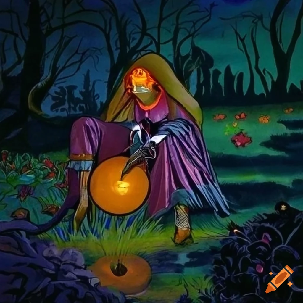 Celtic storybook illustration of a mysterious Gold and Copper Raven wearing a hooded cloak made of colorful iridescent Peacock