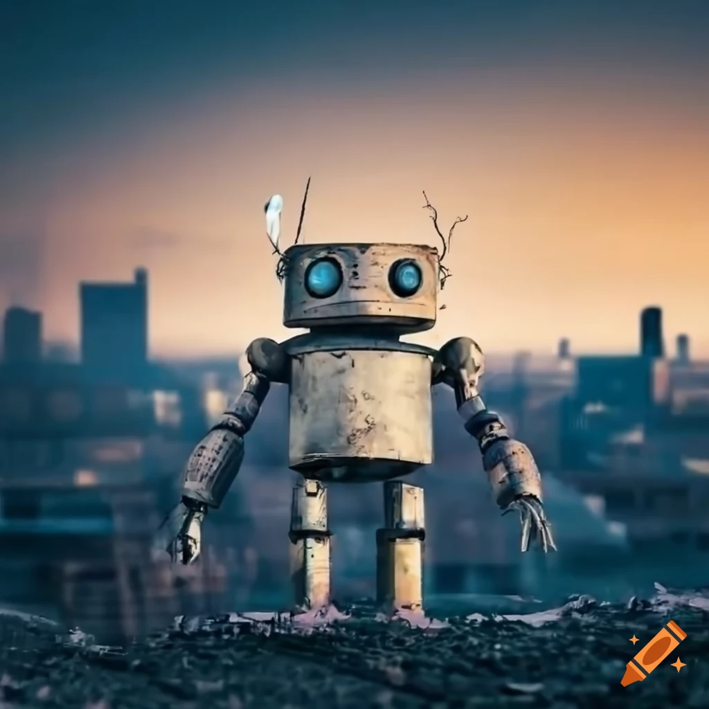 Mysterious abandoned robot in a steamy industrial cityscape at sunrise