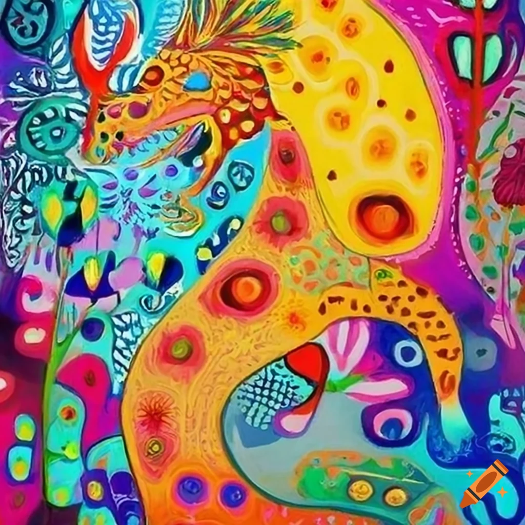 Vivid and fantastical painting inspired by Maria Primachenko's mythical animals