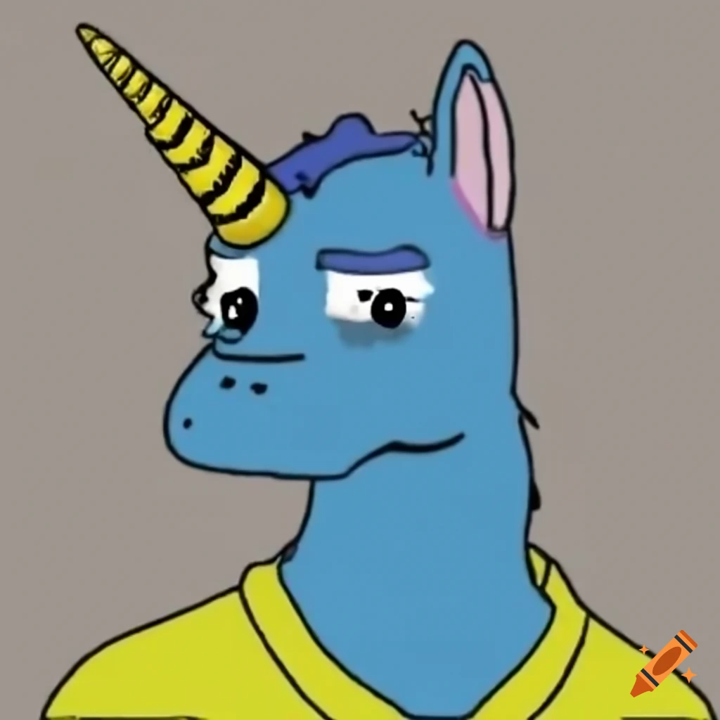 Anthropomorphic blue unicorn in a yellow shirt clay animation