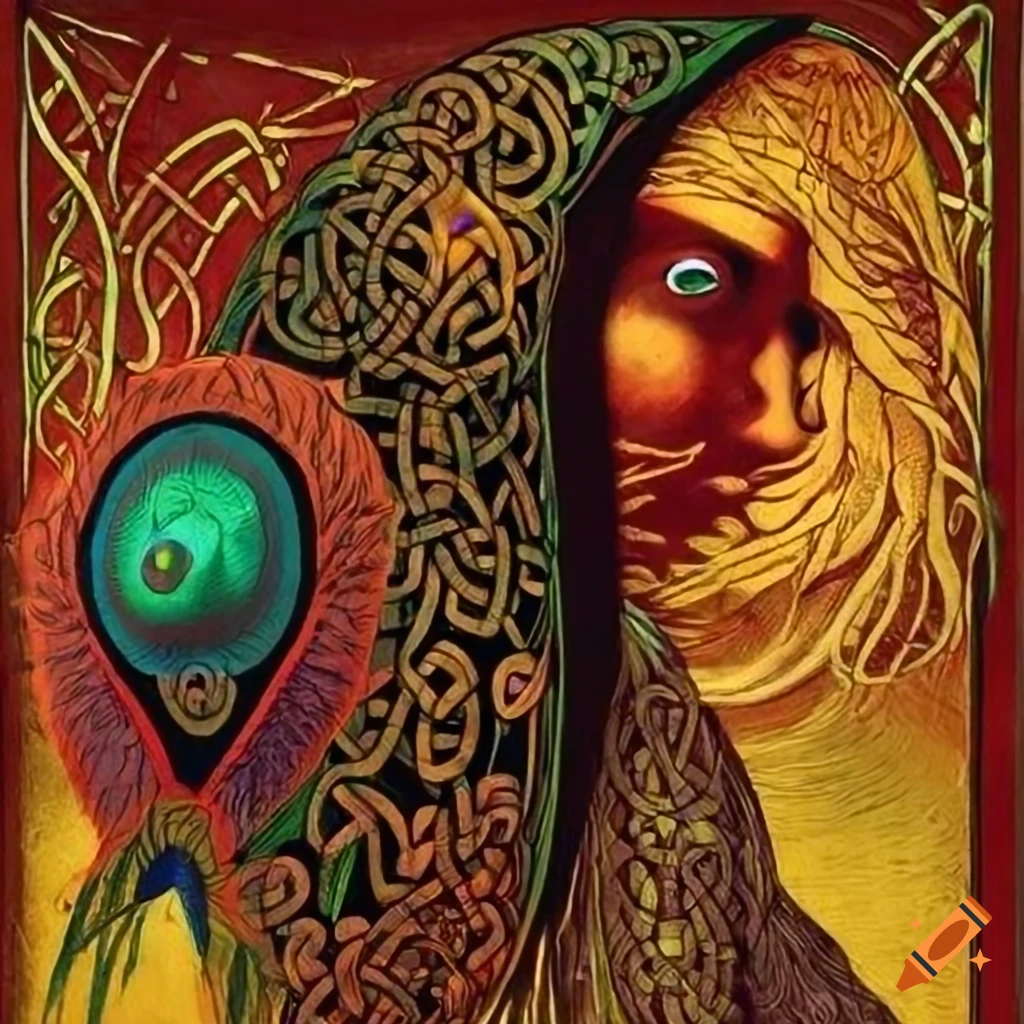 Celtic storybook illustration of a Gold and Copper Raven in a colorful iridescent Peacock cloak
