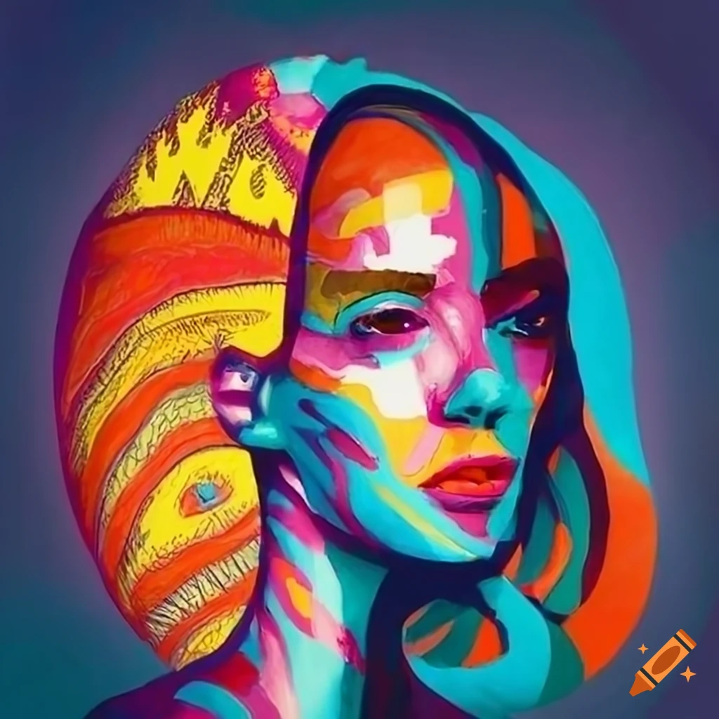 Surreal flat drawing portrait with decorative motifs and creatures