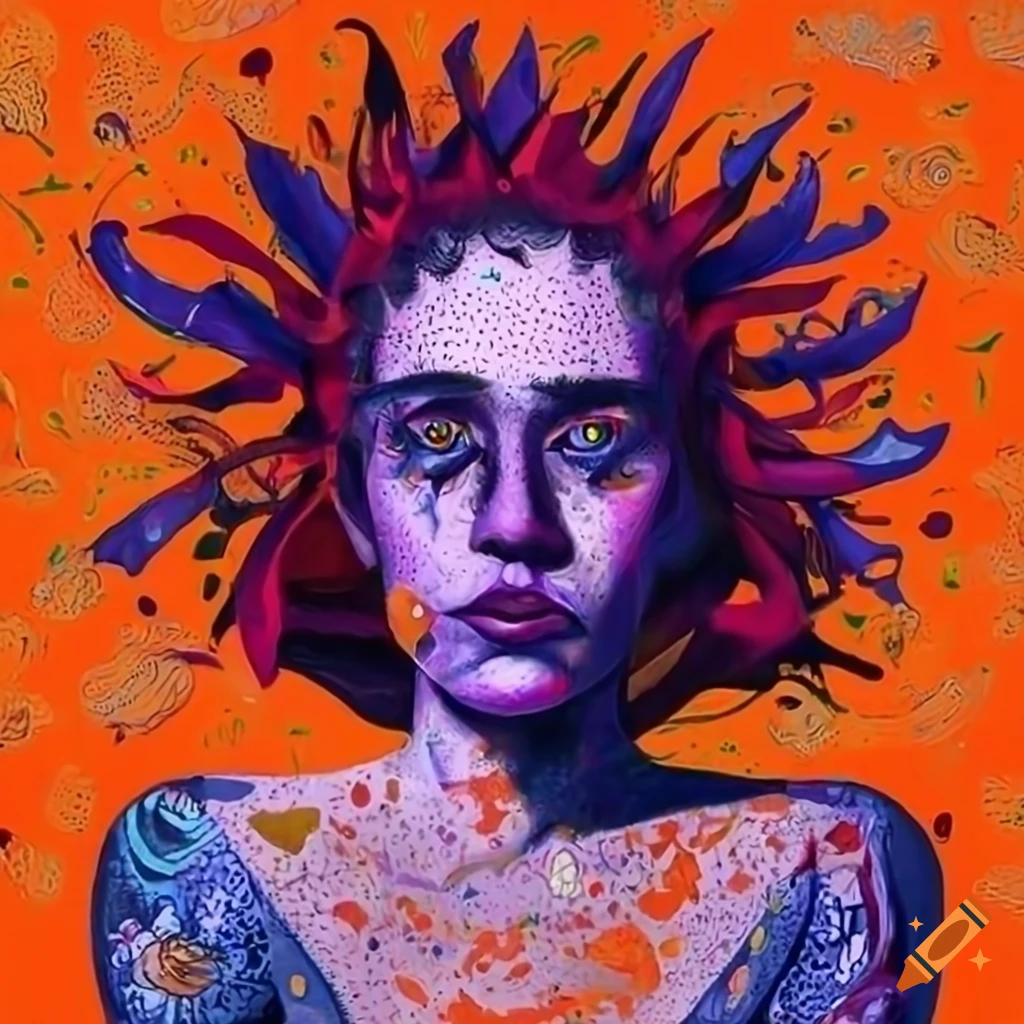 Surreal portrait artwork with motifs and creatures in a flat drawing style