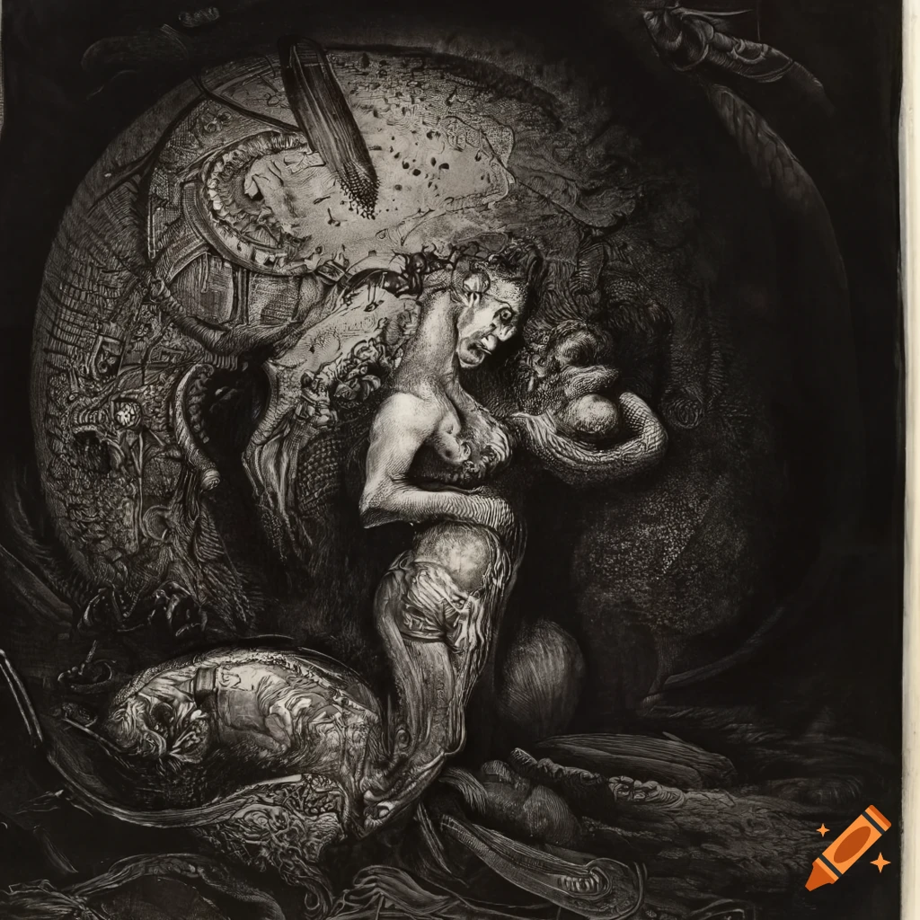 Surreal mezzotint of underwater girl and Gill-man in a steampunk sci-fi setting