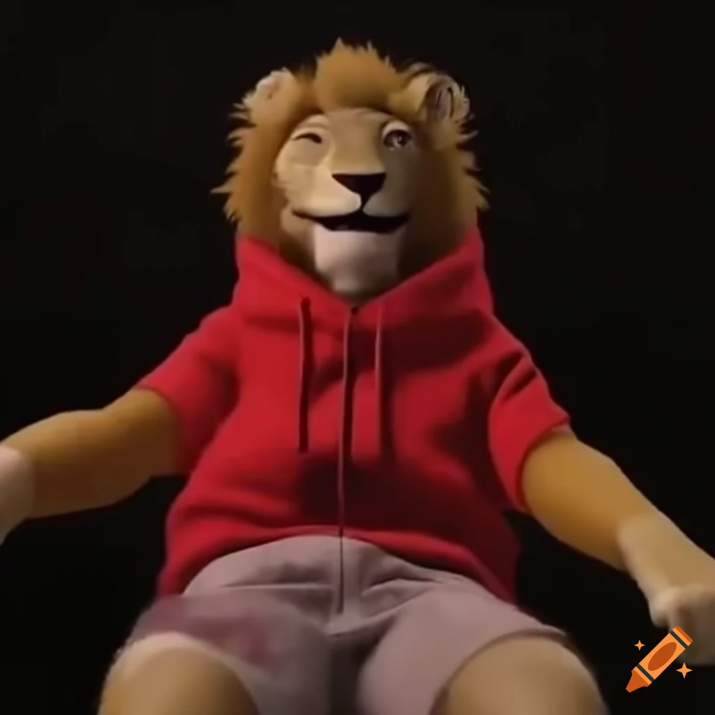 Anthropomorphic lion in a red hoodie from a stop motion animation