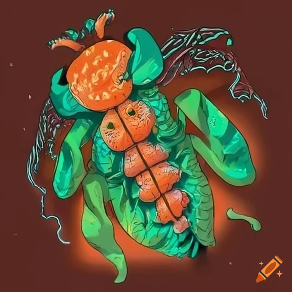 Intriguing orange and green insect species resembling a gargoyle in hair follicles