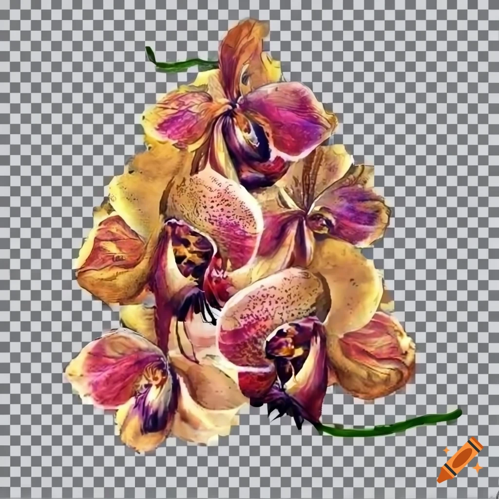 Orchids in Sandro Botticelli style on a transparent background with a video game twist
