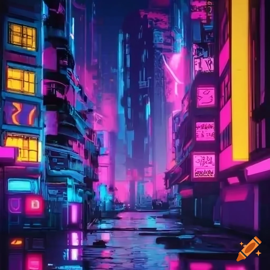 Cyberpunk city with neon lights in pink, blue, and yellow tones