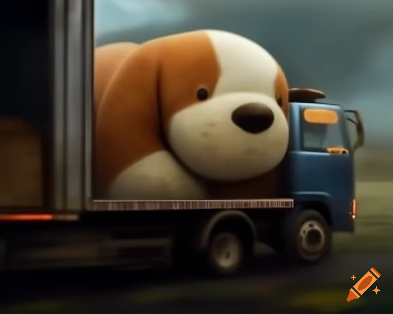 Truck transporting large stuffed animal