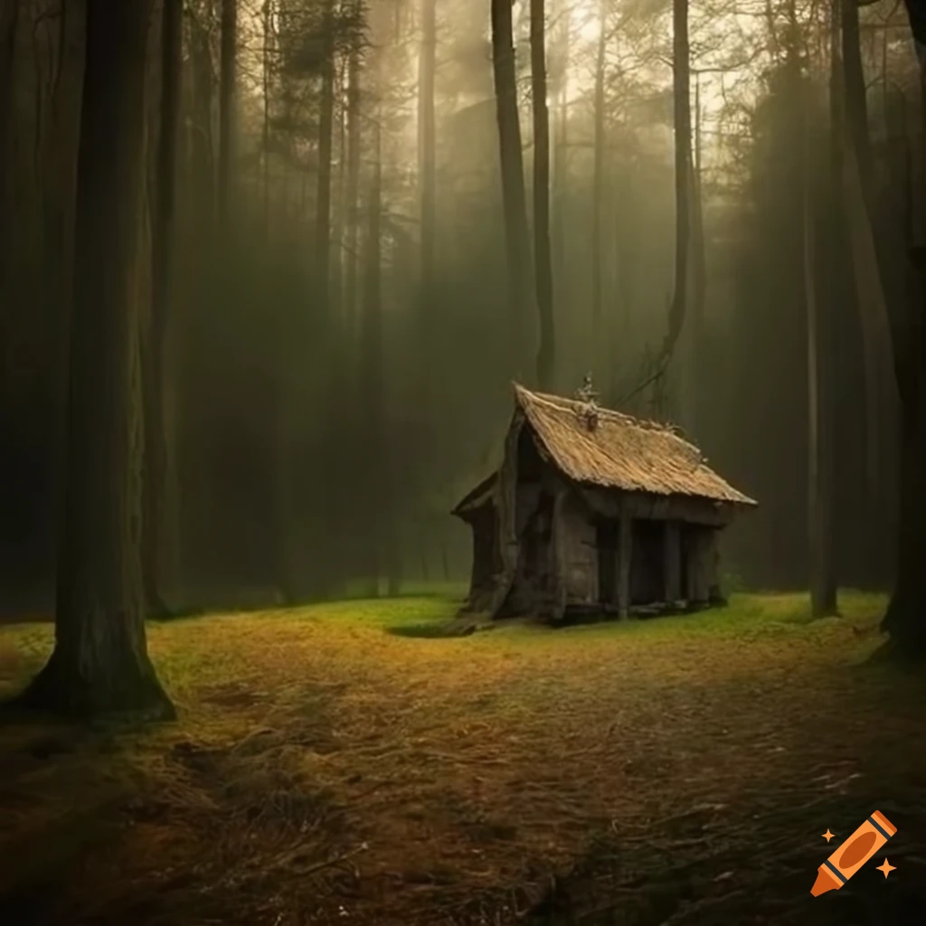 Abandoned witch's cabin in the forest with smoke coming out of the chimney