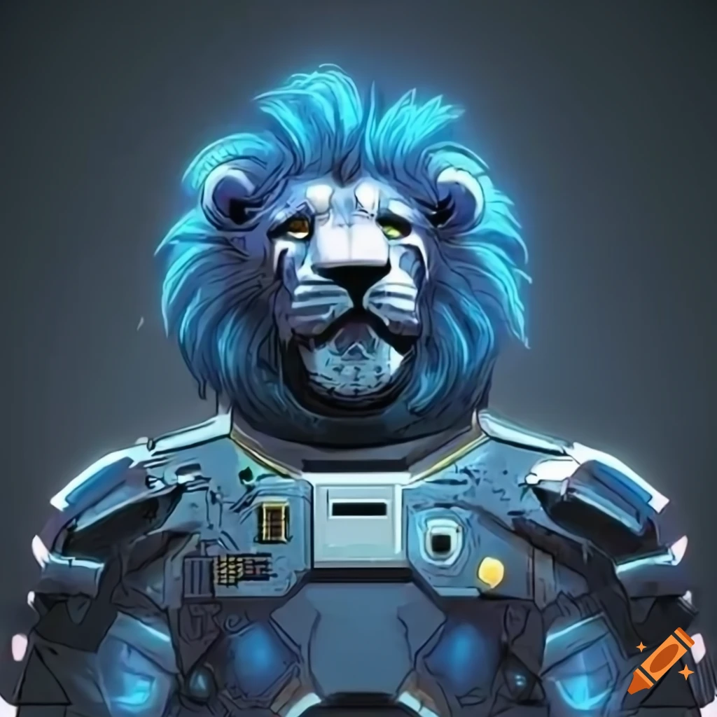 Blue space lion in futuristic space armor with 80s animation style