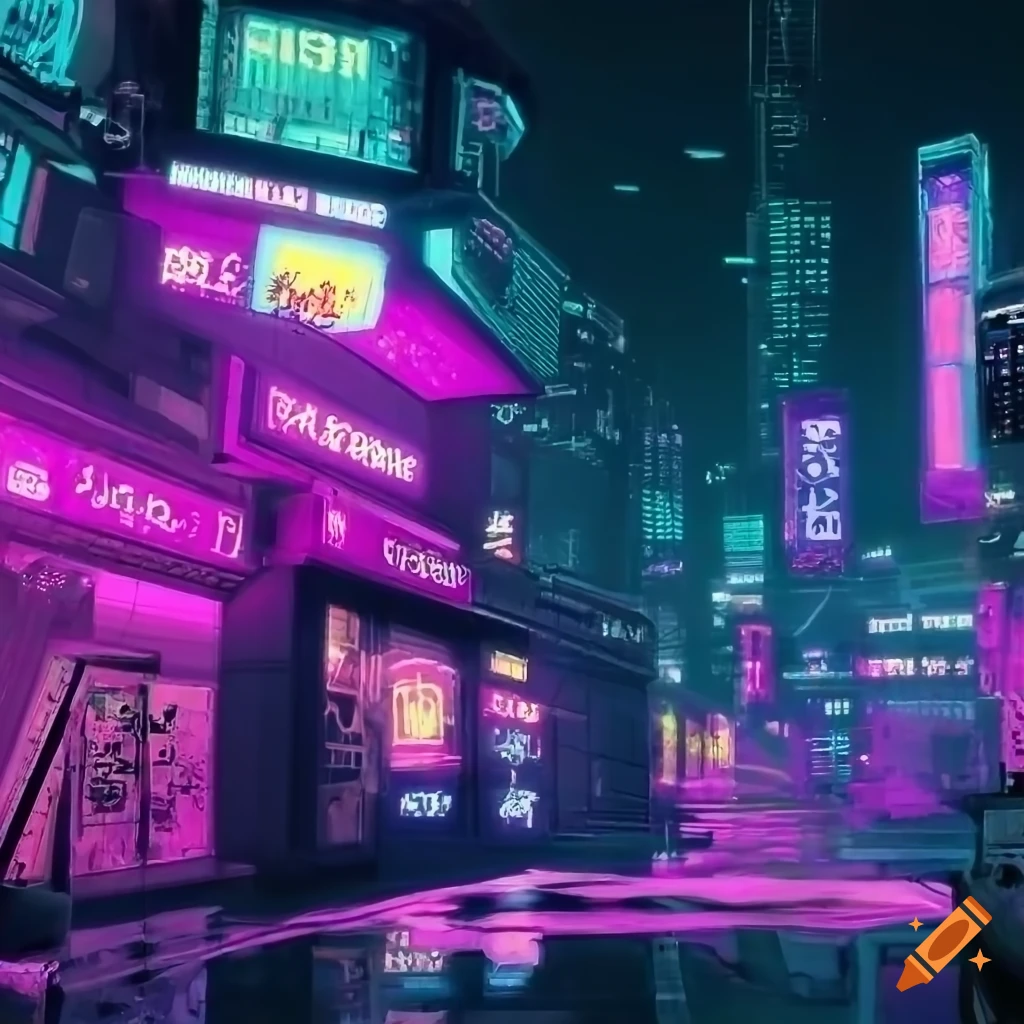 Cyberpunk city with pink neon signs