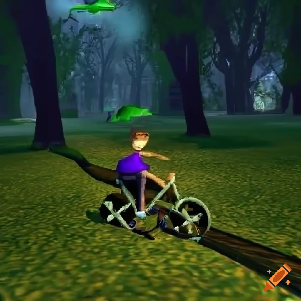 Mage riding pumpkin bike with flying fishes in a park in N64 style