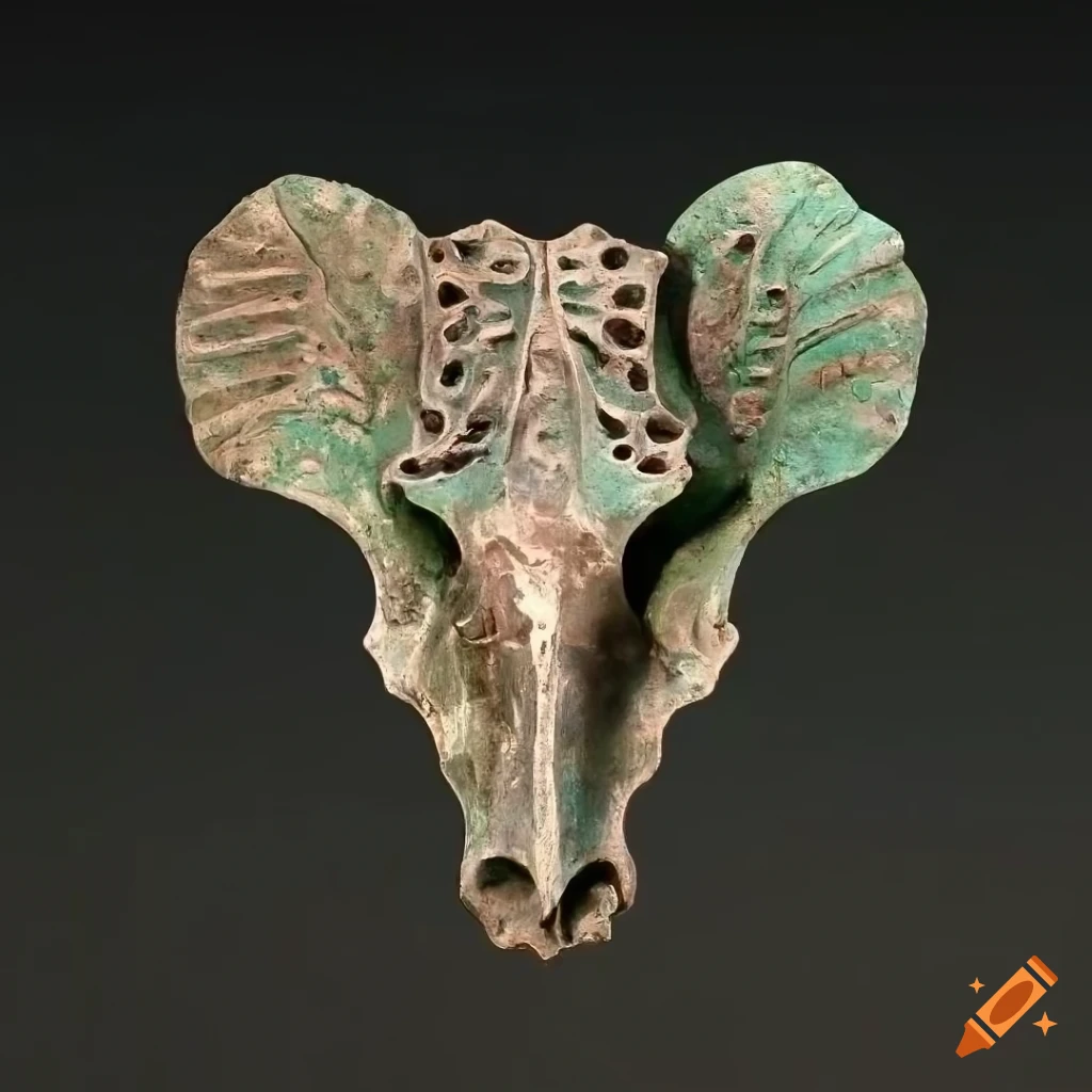Bronze monstera deliciosa leaf with a moose skull and glyphs