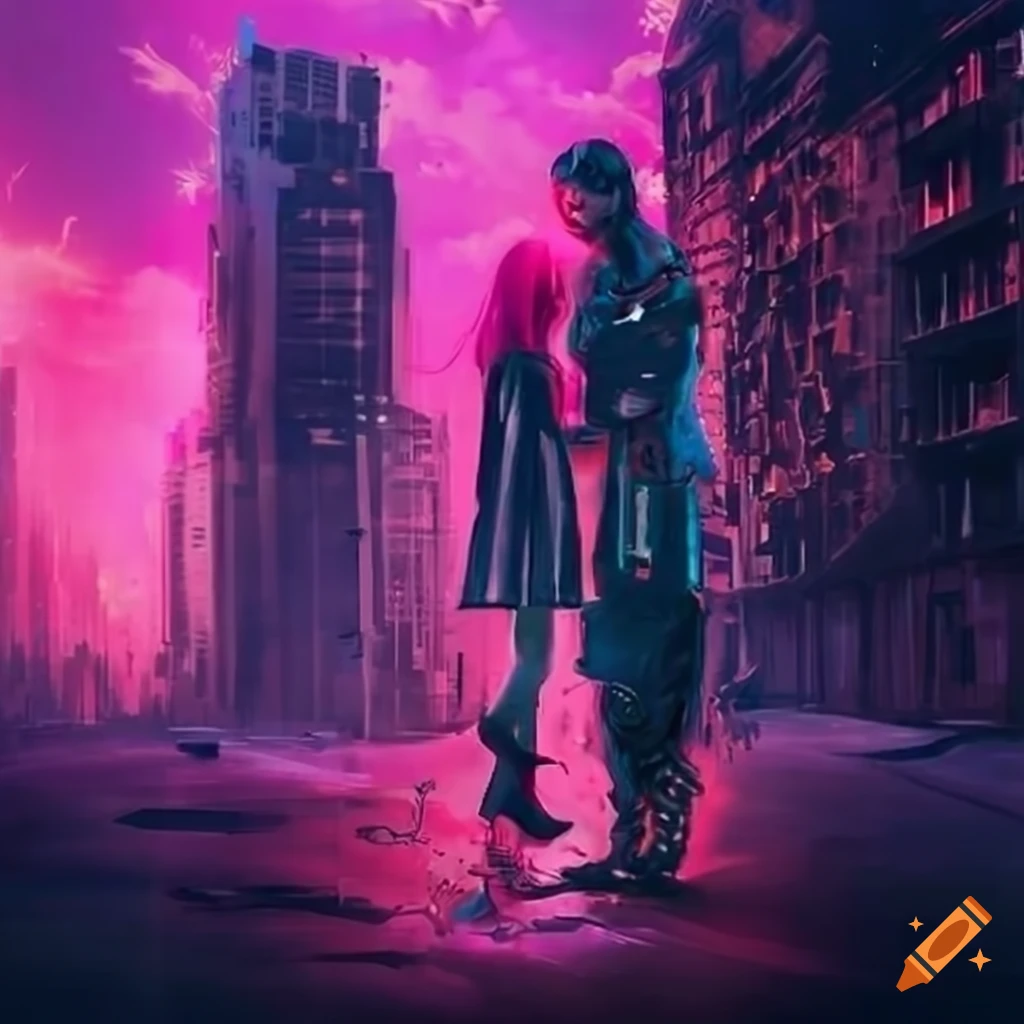 Cyber punk couple in a dystopian city setting