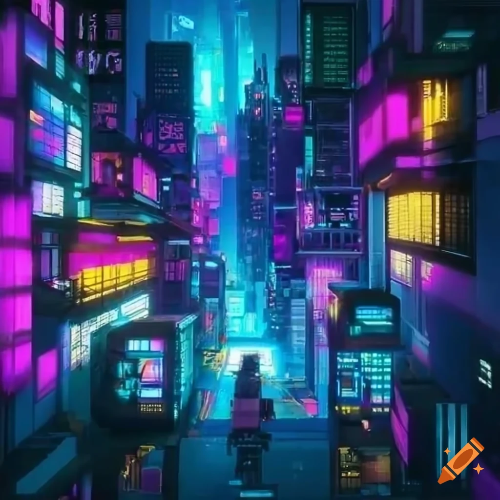 Cyberpunk city with pink, blue, and yellow neon lights