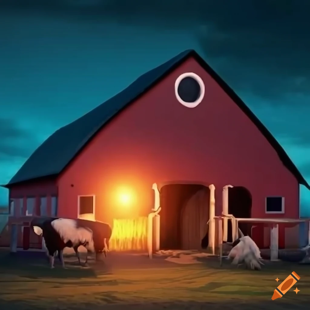 Granja con vacas, gallinas y granjero en 3D