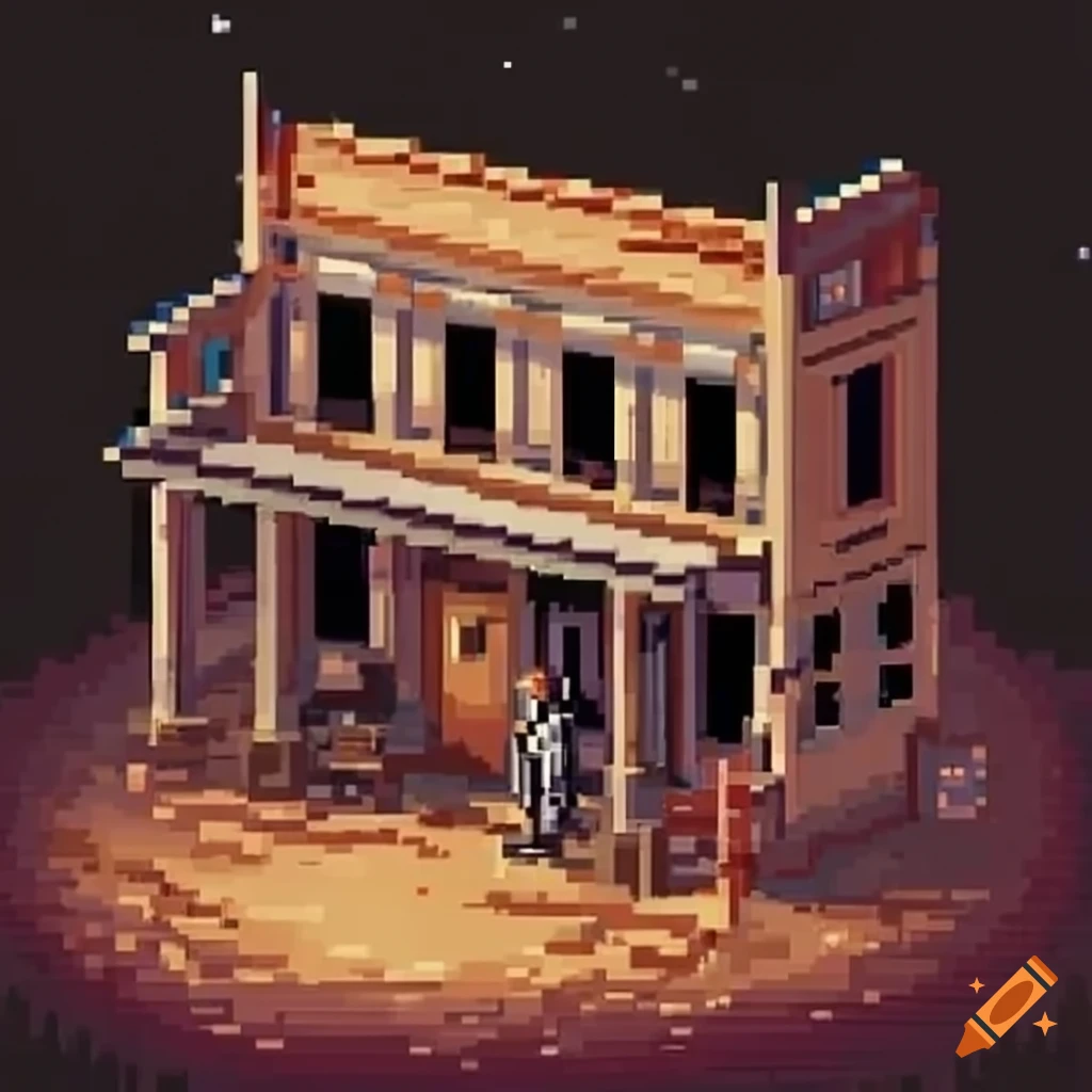 Pixel art of wild west ghost town bank robbery shootout frontier