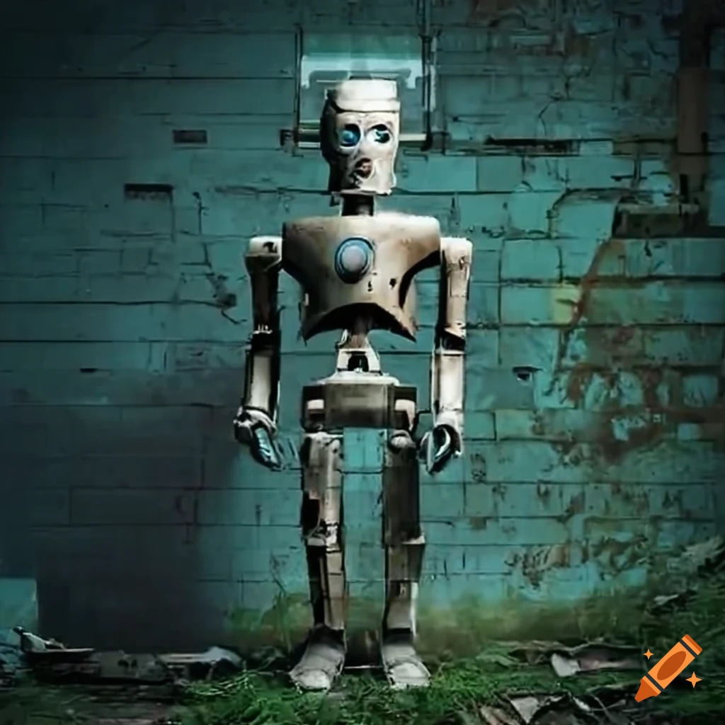Giant ancient humanoid robot resting against a derelict building with overgrowth